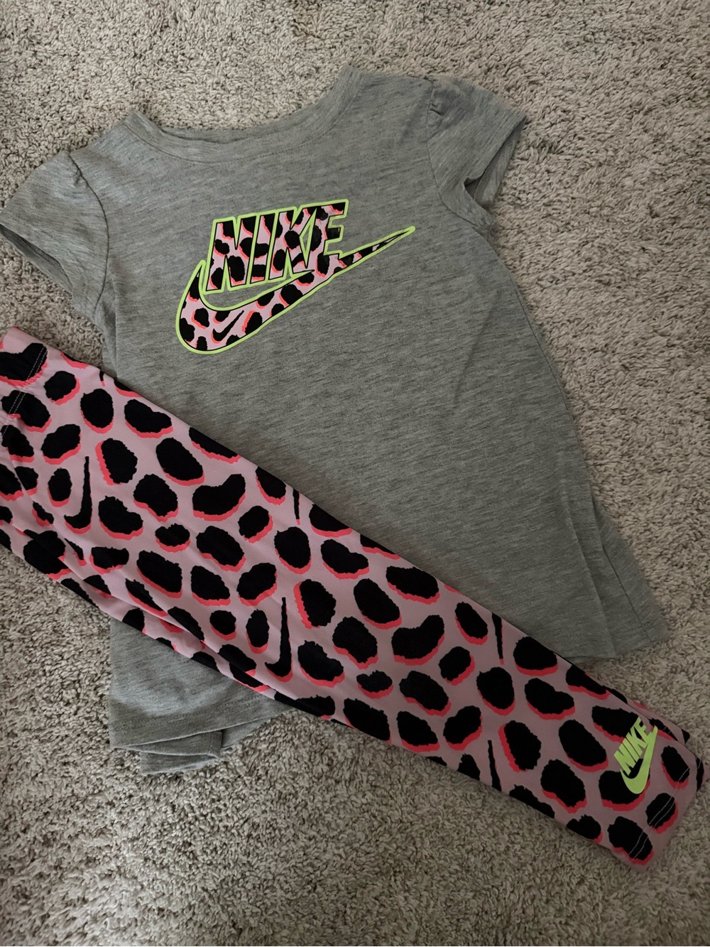 Nike Kids Grey Tee with Pink & Black Leopard Leggings